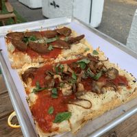 Detroit style vegan pizza with eggplant and another Detroit style vegan pizza with mushrooms and caramelized onions. I asked for vegan cheese on both.  at Billy & Pete's in Larchmont