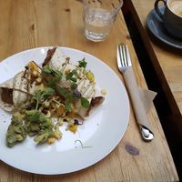 Burrito and oat milk latte at Blue Mountain Vegan in South East London