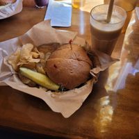 Veggie burger / piña colada smoothie at The Yellow Deli in Chilliwack