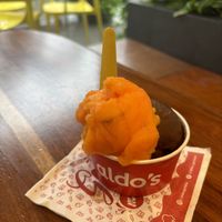 Vegan chocolate sorbet & tangerine sorbet   at Aldo's Gelato in Playa Del Carmen