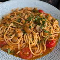 Tomato, mushroom and garlic spaghetti. at Signor Valentino in Cardiff