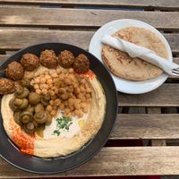 Complete Hummus plate with pita bread  at Hummus Bar - Bartok in Budapest