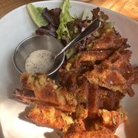 Vegan cheesey waffle with vegan ranch   at Roots Inn & Kitchen in Sister Bay