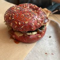 vegan burger on beetroot bun  at BrewDog - Canary Wharf in East London