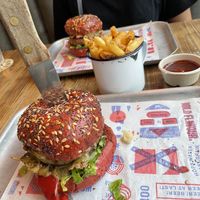 Beyond burger with beetroot brioche bun. Classic fries and Korean bbq dip   at BrewDog - Canary Wharf in East London