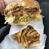 vegan cheeseburger & fries  at Burger Crush in Victoria