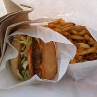 Vegan cheeseburger and fries at Burger Crush in Victoria