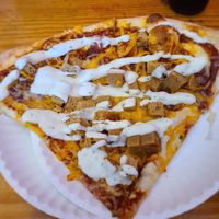 Vegan BBQ tofu pizza at Dimo's Pizza in Chicago