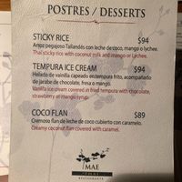 Menu at Mae Thai in Playa Del Carmen