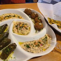 Mezze platter and pita at Falafel House in Roanoke