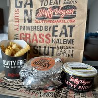 Fries, Fussy Hussy burger, and banana pudding   at Slutty Vegan - Edgewood in Atlanta