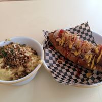 Dirty dogz and mac'n cheese at Rudy's Vegan Butcher & Diner in North London