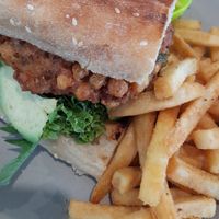 Vegan lentil burger, chips, aioli at Carport in Cannon Hill