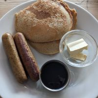 Pancakes and sausage at Hundred Monkeys Cafe in Glastonbury