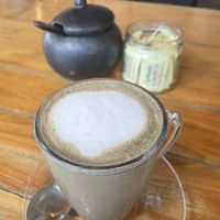 Charcoal lavender latte  at Gypsea Market in Tulum