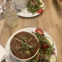 Vegan dinner options (beware - served hot!): Lentil Soup and Chili sin Carne  at K Fée Des Jeux in Grenoble