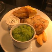 Tofish and chips, mushy peas and vegan tartare sauce.  at The Sun Inn in Penrith