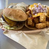 Grilled shroom burger with chili cheese tater tots  at Nice Burger - Santa Ana in Santa Ana