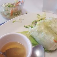 came with four fat spring rolls, only has lettuce, tofu, cilantro, and glass noodles + a very sweet, liquidy sauce. cucumber salad in the back - basically sugar + vinegar soup with roomtemp cukes. at Thai House in Modesto