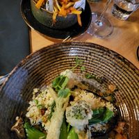 Super lekkere plantaardige opties. Gevulde aubergine met parel couscous en tempura bimi at De Ridderhof in Maassluis