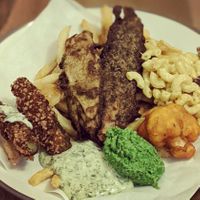 Banana blossom 'fish' and chips, Mac & Cheese, deep fried pickles and cauliflower 'wings' at Harp & Crown in Corsham