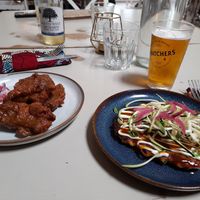 Starters (Seitan wings and teriyaki pancake) at Harp & Crown in Corsham