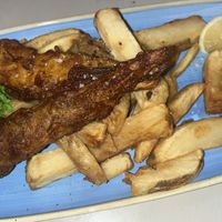 Banana blossom fish and chips with tartare sauce and minted peas  at Harp & Crown in Corsham