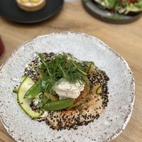 Vegan zucinni pancakes with basil sauce and almond ricotta at Angel Cakes in Krasnodar