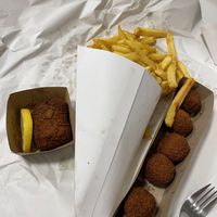 Vegan shrim crocket and vegan bitterballs  at Friterie Chasse Patat in Ghent