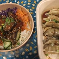 Bibimbap with shiitake mushrooms, and vegetable dumplings at Kim Chi Korean Cafe in Hitchin