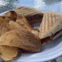 Jackfruit Sandwich & homemade chips  at Vine Cafe in New Bern
