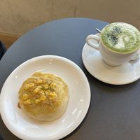 Vegan Tuna & Sweetcorn Bread with Matcha Latte with Oat Milkk  at Kamogawa Bakery - Kamigyo in Kyoto