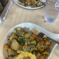 Vegan skillet with just egg and vegan sausage split in half and mixed here  at Two Chicks in Reno