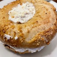 Pear cardamom schmear on onion bagel   at Ben & Esther's Vegan Jewish Deli in Portland