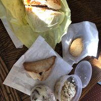 Lox, potato knish, hamentashen,cinnamon roll, and white fish salad  at Ben & Esther's Vegan Jewish Deli in Portland