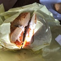 Lox on a garlic bagel  at Ben & Esther's Vegan Jewish Deli in Portland