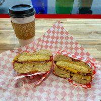Bacon/egg/cheese on everything bagel  at Ben & Esther's Vegan Jewish Deli in Portland