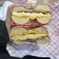 Bacon, egg, and cheese on a salt bagel #Veganuary at Ben & Esther's Vegan Jewish Deli in Portland