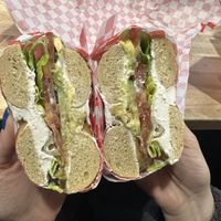 Cream cheese veggie sandwich on an everything bagel #Veganuary at Ben & Esther's Vegan Jewish Deli in Portland
