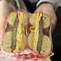 Sausage, egg, and cheese on an everything bagel #Veganuary at Ben & Esther's Vegan Jewish Deli in Portland