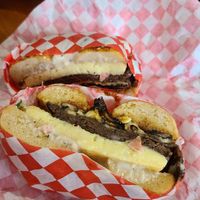 "Steak, egg, and cheese" sandwich with mushrooms and A1 sauce. Add "bacon" schmear if you really want to have a good time at Ben & Esther's Vegan Jewish Deli in Portland