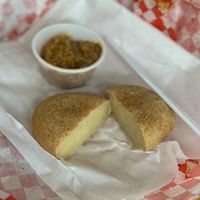 Knish…. And the mustard was great too!  at Ben & Esther's Vegan Jewish Deli in Portland
