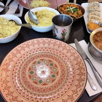 From left: Pulao rice, Brinjal aloo, Momos and Jalfrezi at Hullabaloo - Greenwich in South East London