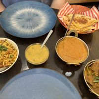 Peshwari naan, tofu korma, vegetable biryani, potato and aubergine curry, lentil daal dipping sauce   at Hullabaloo - Greenwich in South East London