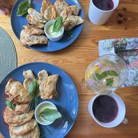 pierogi (cabbage/mushroom), borschtsch and lemonade  at Prasad in Szczecin