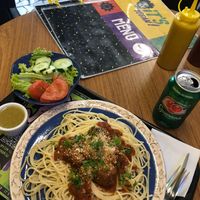 Plate of the day; home made tomato sauce with soya meatballs,spaghetti and dressed salad at It's Vegan in Sao Paulo
