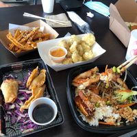 Mushroom lovers dumplings, teriyaki bowl, salt and pepper vushrooms, and tofu fries. at V Revolution in Englewood