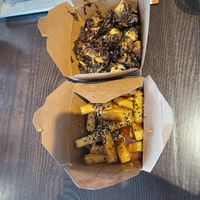 Brussels sprouts and vegan fries   at V Revolution in Englewood