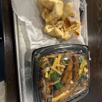 Mongolian beef and vegan crab cheese wanton  at V Revolution in Englewood