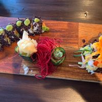 Beautiful plating! Sweet potato on the left, spicy mango on the right. Finger and wasabi in the middle. at Yūgen Cuisine in South Lake Tahoe